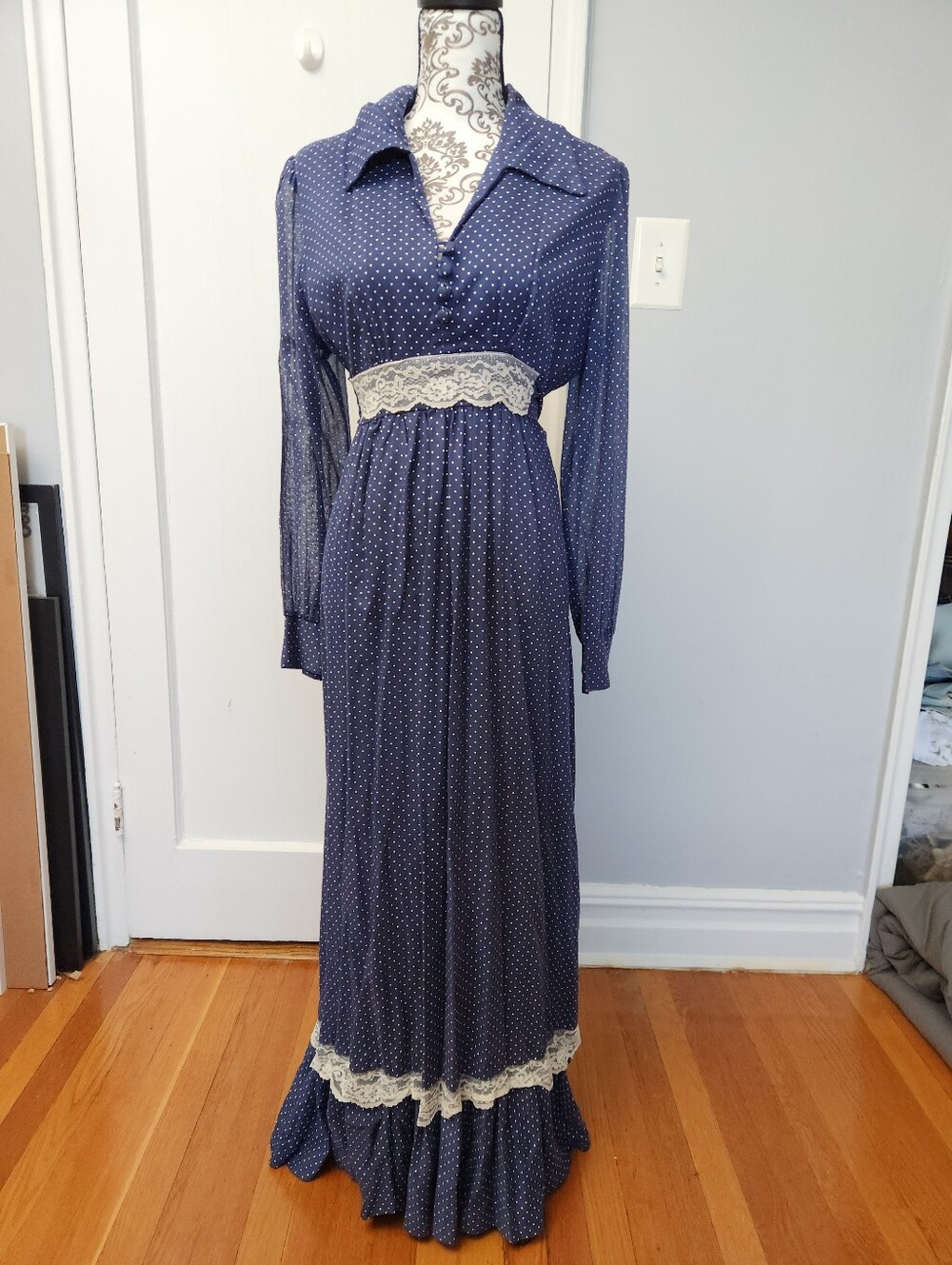 Navy Polka Dot Long Sleeve Maxi Dress Lace Trim Vintage Flare Prairie Cottage